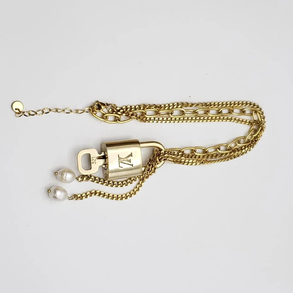 Stainless Steel Gold-Plated Necklace with Authentic Louis Vuitton Padlock